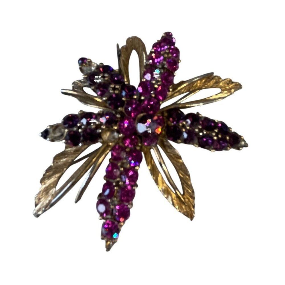 Vintage Gold Tone Brooch‎ Purple Rhinestones Floral Design Missing Some Stones
